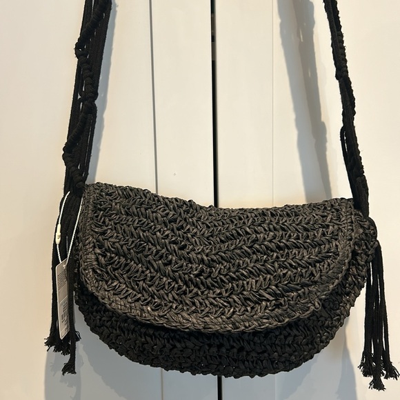 Primark Black Raffia Macrame Shoulder Strap Crossbody Bohemian Bag NWT - Picture 14 of 16